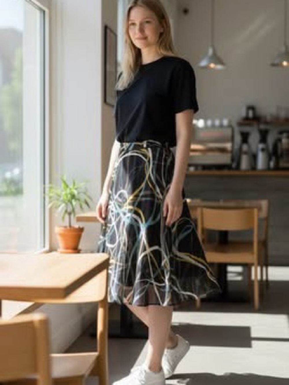 Navy Below-Knee Pure Silk Skirt with Abstract Multicolor Print